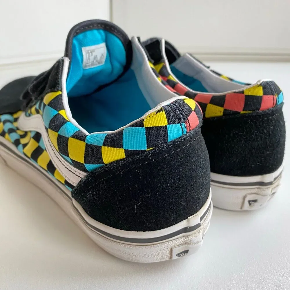 Vans Old Skool V Neon Glow Check Black/Multi Unisex Junior‎ 6 Hook Loop Shoes